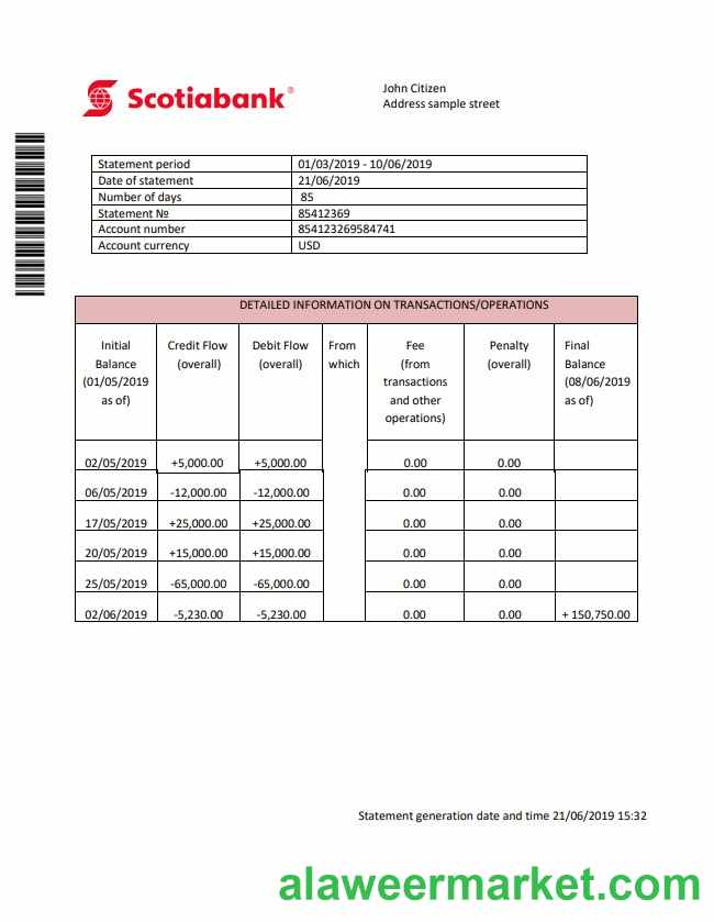 Hong Kong Scotiabank proof of address statement template in Word and PDF format (.doc and .pdf)